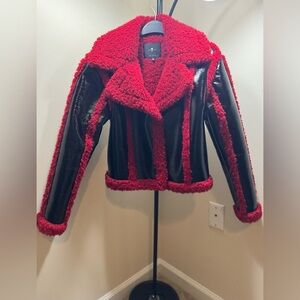 Black and Red Leather and Faux Fur Jacket/Coat